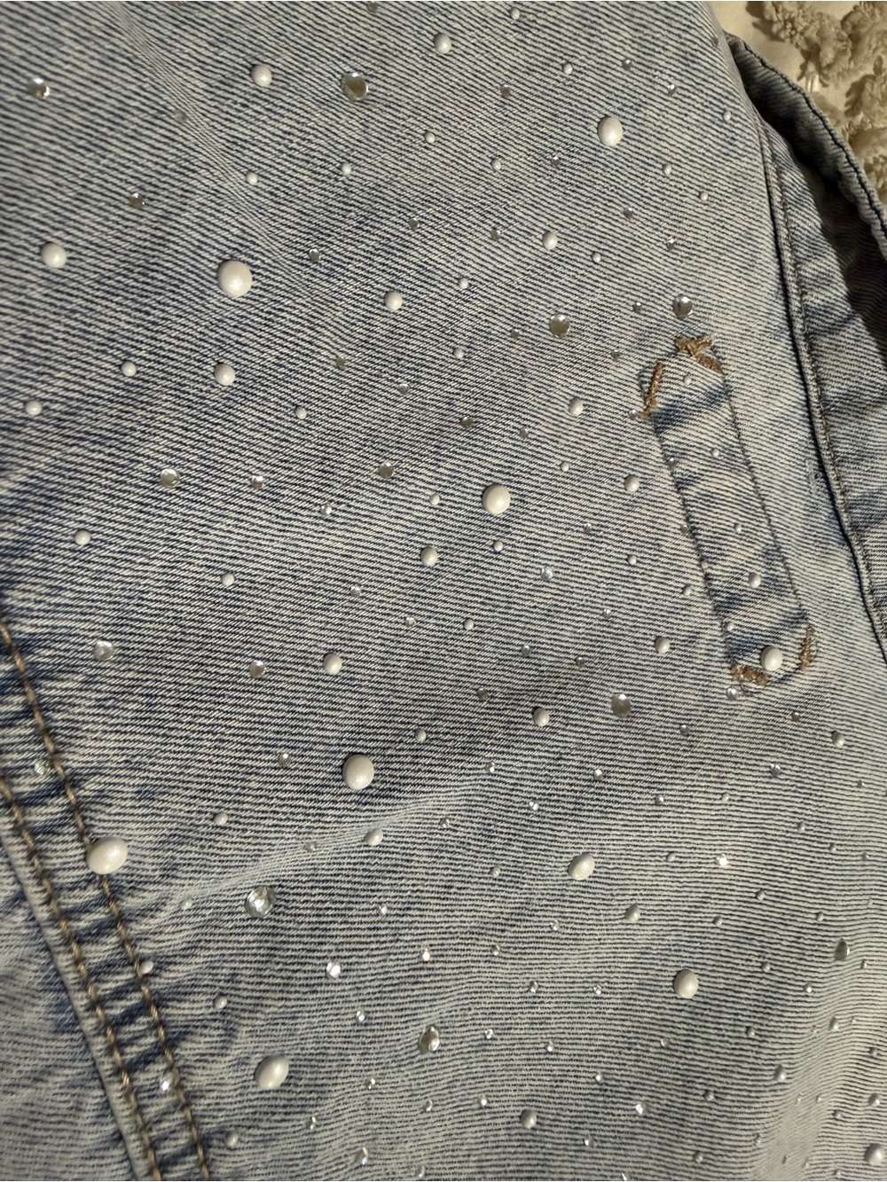 Maurices Light Blue Washed Denim Jacket with Rhinestones and Pearls - Picture 3 of 4